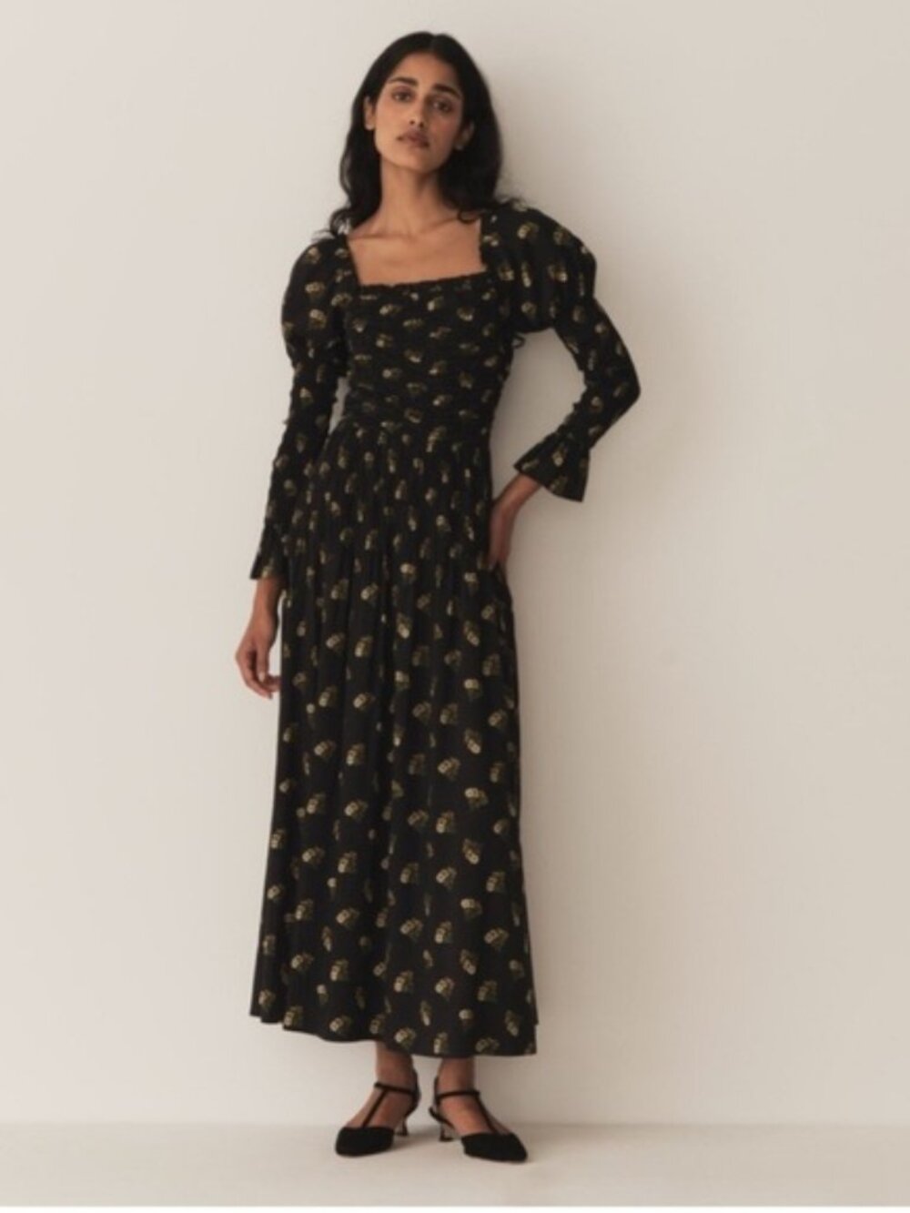 Doen Wilmina Black Floral Long Sleeve Dress size L